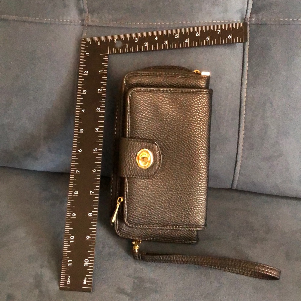 Black wallet with removable wrist strap